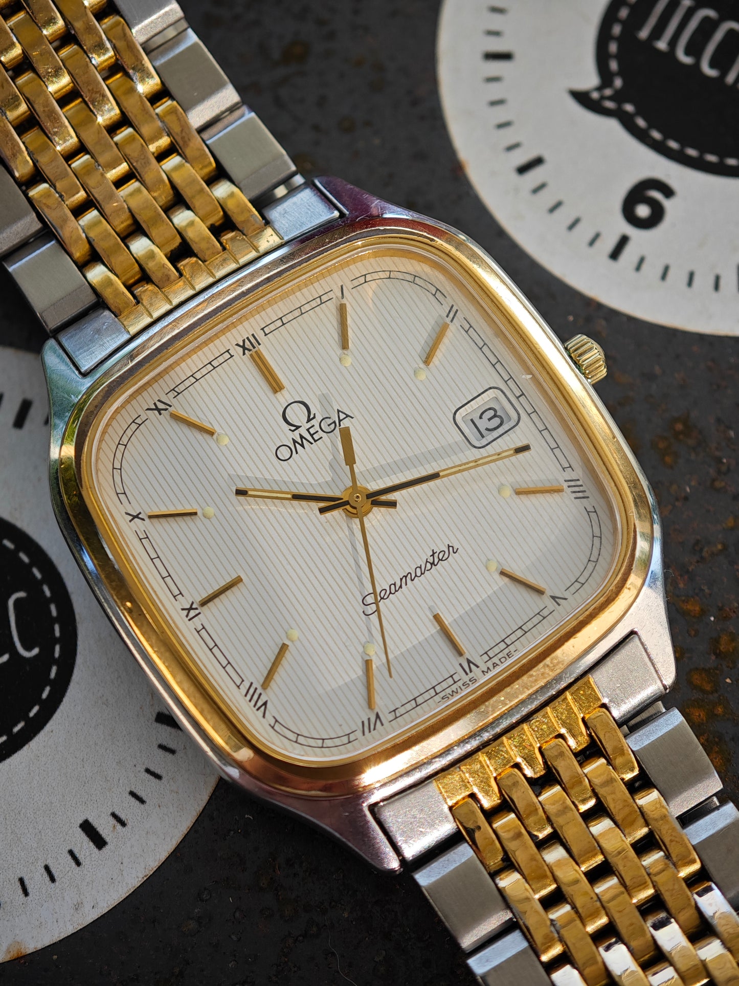 NEUWERTIGES OMEGA Seamaster BREST Bicolor 1430 &amp; burgunderfarbene Box