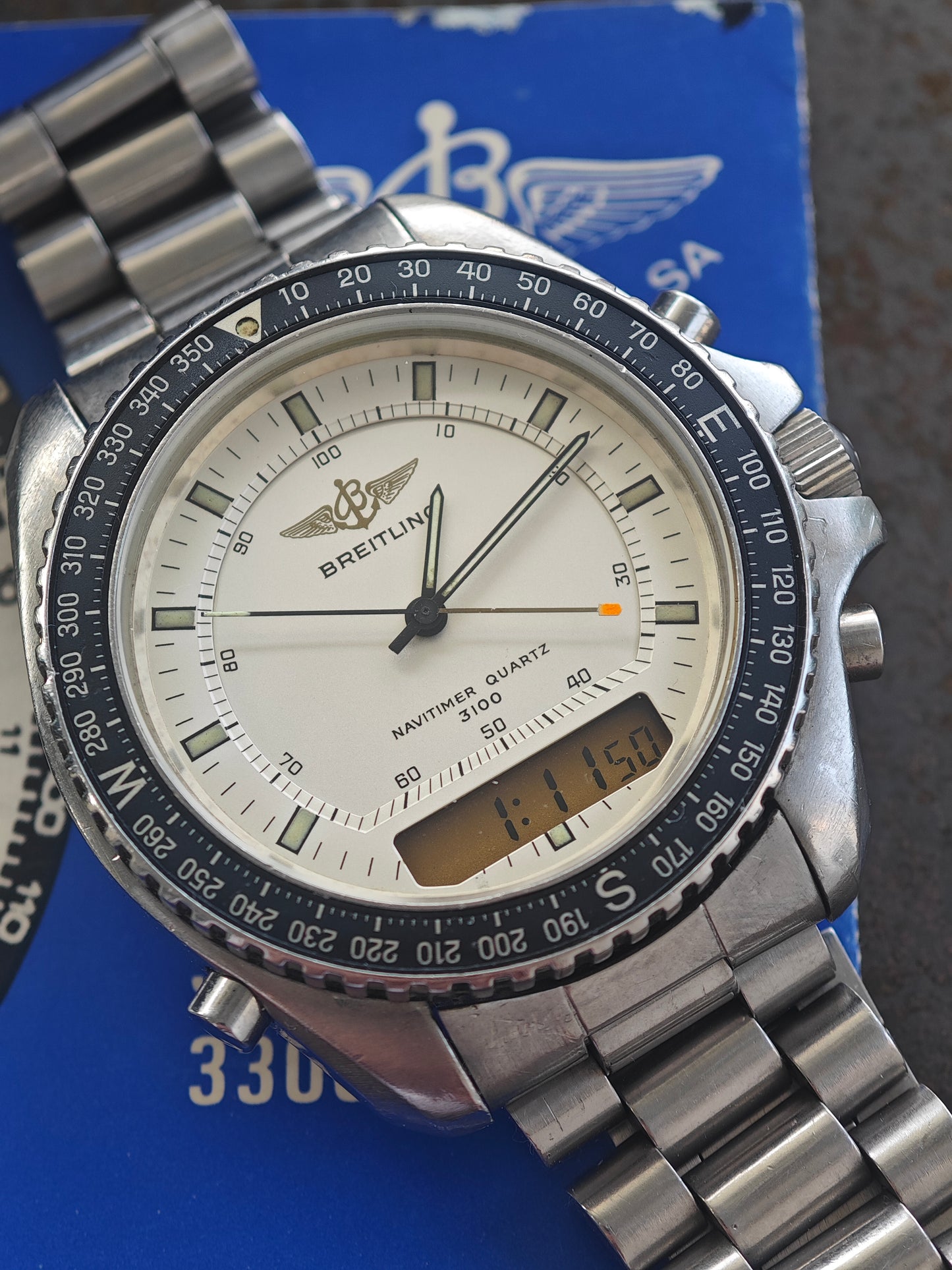 Super raro Breitling Navitimer 80191 di prima generazione con quadrante bianco, plutonio, scatola e manuale