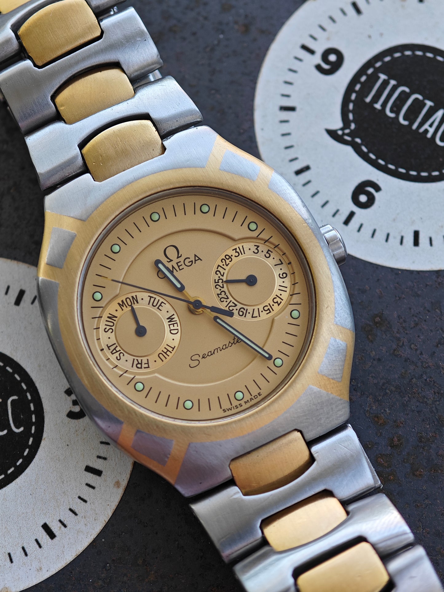 OMEGA SEAMASTER Polaris Manhattan quadrante dorato Cal 1444 Raro bracciale bicolore