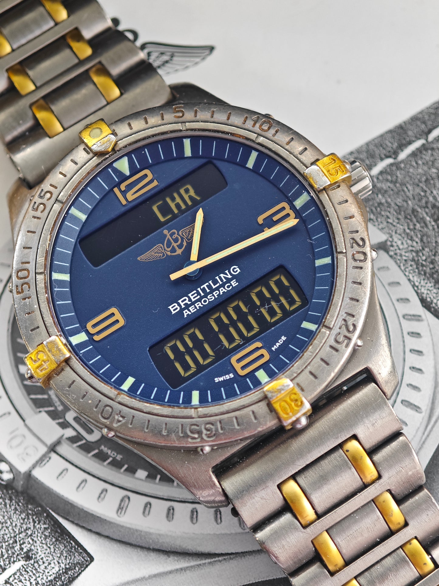 Breitling Aerospace F56062, blaues Zifferblatt, zweifarbig – komplettes Set, 1995
